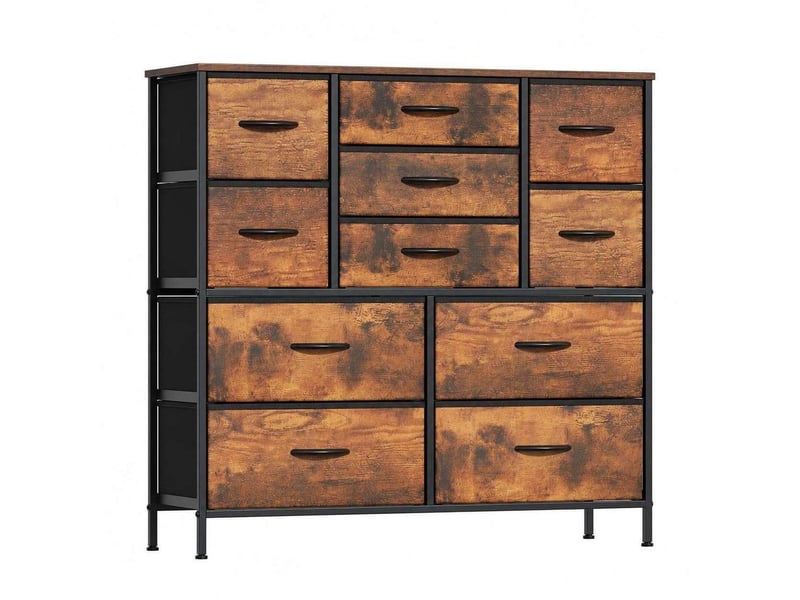  Chiffonnier meuble 100x30x97 cm onze tiroirs tissu marron rustique metal noir chambre  - Conforama A