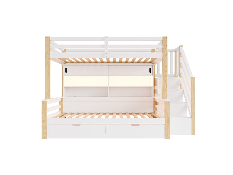 Lit superposé 90 × 200 + 90 × 200 cm, escalier avec rangements, led, usb et usb-c, portes coulissantes, bois massif et mdf, blanc et naturel OMNIGLINT TRADING LTD - Conforama A