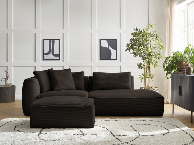  Bobochic canapé droit fixe 3 places leopold velours côtelé avec pouf marron  accoudoir gauche LEOPOLD - Conforama C