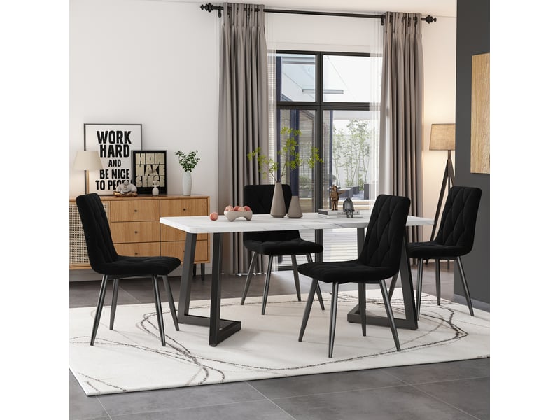  Lot de 4 chaises 46x45x86 cm, dossier à motif chevrons, revêtement velours gris, cadre métallique noir, pour salle à manger  - Conforama B