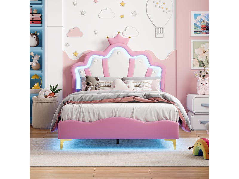  Lit 140x190cm - lit enfant 140x190 - lit double rembourré avec tête de lit couronne, led rgb - moderne - en similicuir pu - rose  - Conforama B