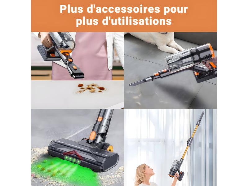  Aspirateur balai blossom dsv112a-sans fil pliable-253555kpa 65min-écran led-lampe vert anti-poussière cachée-or  - Conforama E