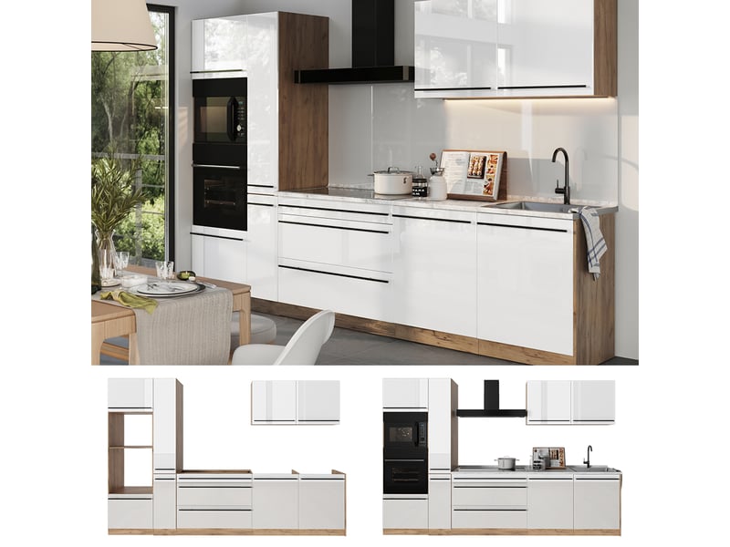  Vicco cuisine, blanc haute brillancechêne doré, 310cm plan de travail marbre  - Conforama D