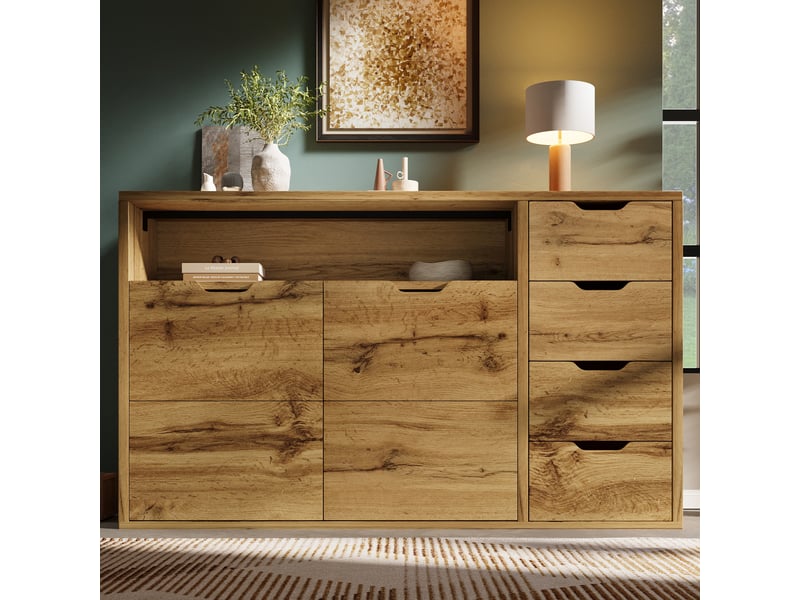 Commode avec 2 portes, 4 tiroirs, niche et étagères réglables pour salon en mdf 150×40×90 cm chêne  - Conforama B
