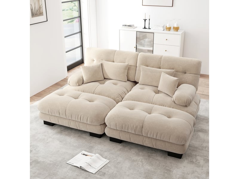 Canapé modulaire avec ottomans et coussins de soutien pour salon en chenille marron clair - Conforama B