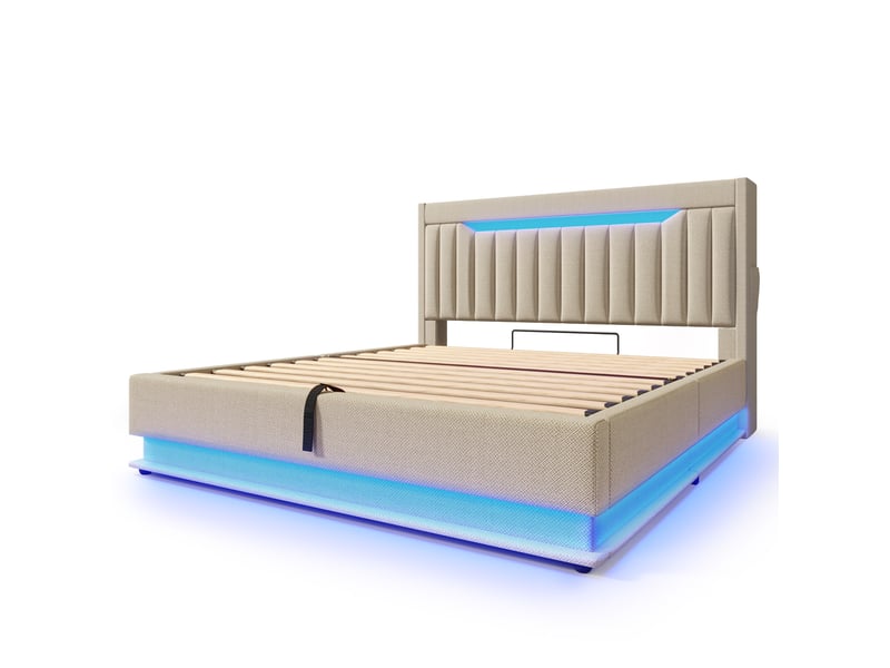  Lit coffre,160x200 cm,avec led et matelas,lin,beige  - Conforama D