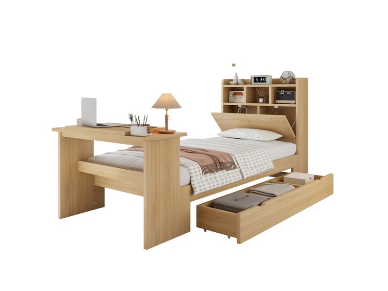  Lit enfant simple 90x200 cm, rangement, table rabattable, tête de lit rangement, structure bois, naturel, sans matelas  - Conforama A