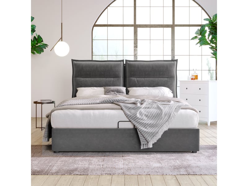 Lit double rembourré 140 x 200 cm avec coffre hydraulique, tête de lit réglable et matelas 25 cm inclus, velours gris Fay Lum - Conforama E