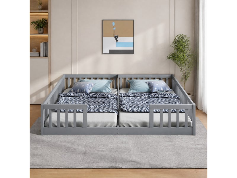  Lit enfant bas 2 places 90×200 cm, barrières de sécurité  - sans matelas, pin et mdf gris  - Conforama B