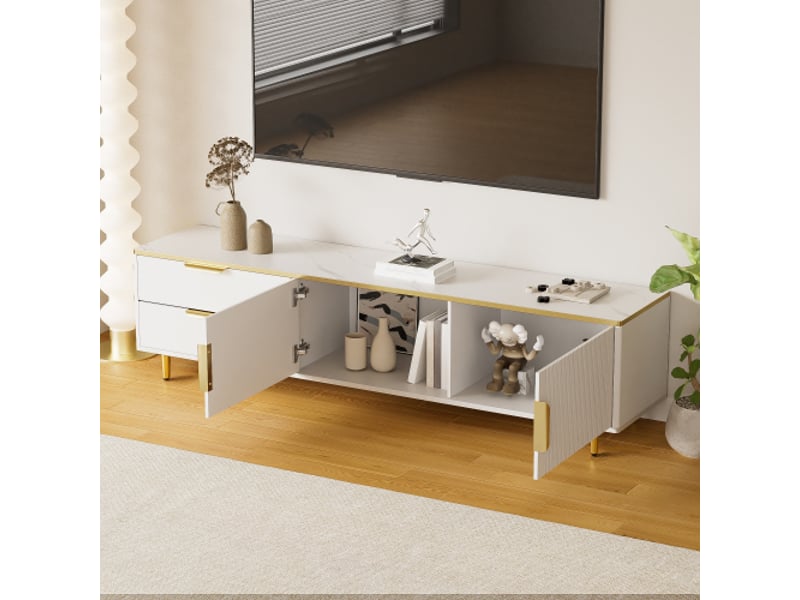  Meuble tv blanc, meuble tv bas à texture sculptée, poignées et pieds dorés, avec structure en marbre  - Conforama C