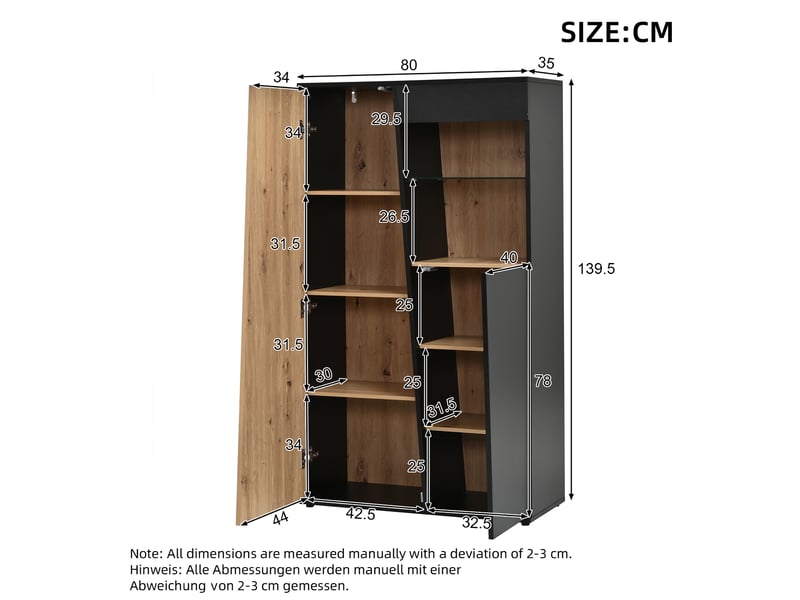  Vitrine avec led, portes en bois, paroi de verre, étagères réglables, multiple espaces de rangement, vitrine de collection haute pour salon, bureau, entrée, noir + bois, 80x35x139.5cm  - Conforama C