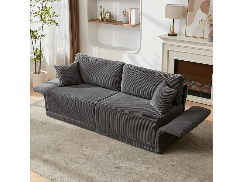 Canapé convertible 2 places avec couchage d'appoint et coussins à ressorts, structure métallique en velours côtelé gris - Conforama E