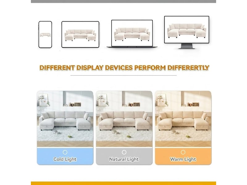  Canapé en u tissu chenille beige avec coffre 279cm - ports usbtype-c et assises amovibles  - Conforama E
