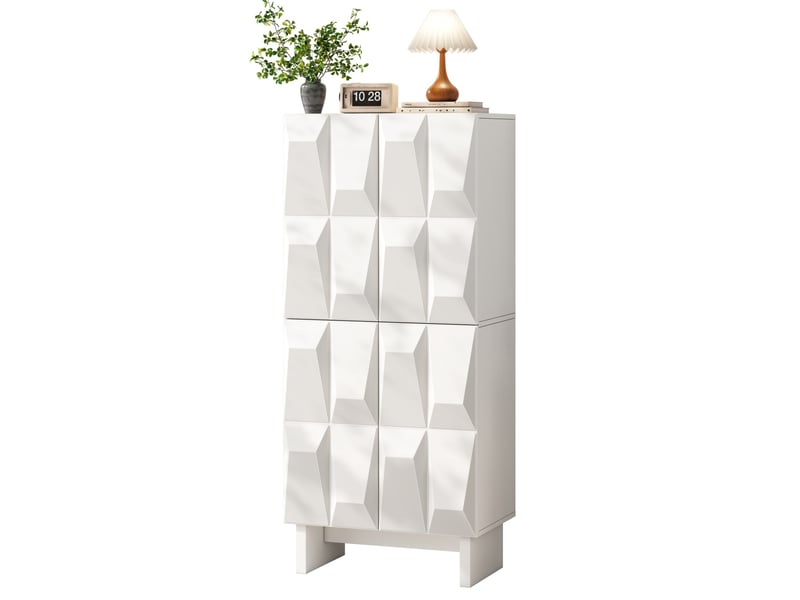 Meuble à chaussures buffet haut 60,5x34x135,5 cm 4 portes, relief décoratif, 4 niveauxrangement, panneau de particules blanc - Conforama A