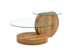 Table basse gigogne avec 2 plateaux en verre trempé et étagère à niveaux, en mdf, transparent et bois - uvrion