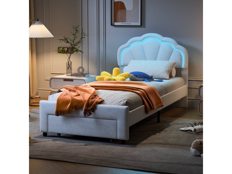  Feeohome lit capitonné 90 x 200 cm, lit double rembourré avec tête de lit et sommier à lattes, lits enfant avec lampes led, lits tiroir pour enfants avec rangement pour adolescents et filles  - Conforama E