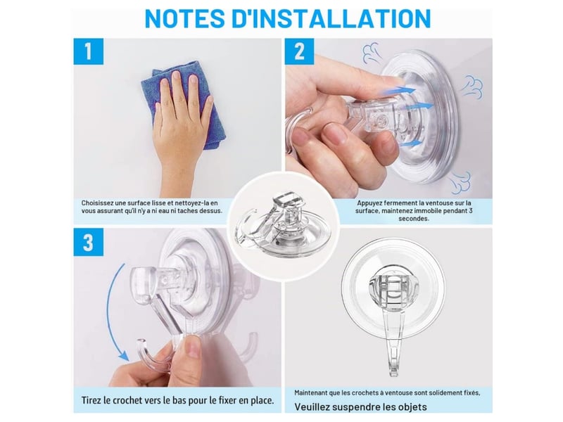 Lot de 4 ventouses avec crochet pour maison, 3 kg transparent | crochets à ventouse: pour salle de bains, cabine de douche, cuisine - Conforama C
