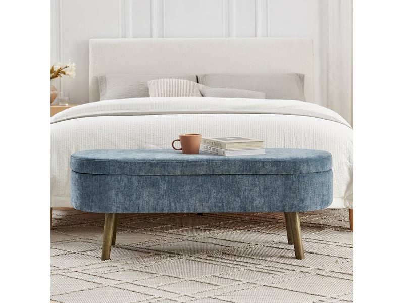  Banc de rangement bleu 110 cm en tissu chenille, forme ovale, pieds en bois  - Conforama B