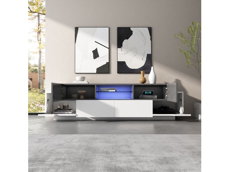  Meuble tv led 180 x 40 x 45 cm avec rangements, blanc et gris, pour tv jusqu'à 80 pouces  - Conforama D