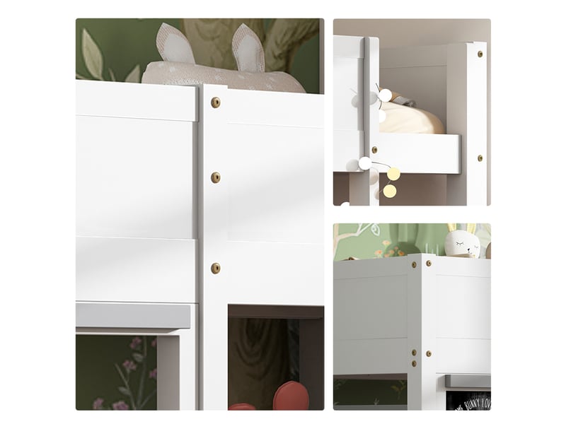  Lit cabane enfant 90x200 superposé blanc avec tableau noir et étagère  - Conforama E