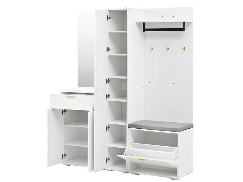 Ensemble vestiaire d’entrée avec miroir et rangement 150x36x180 cm blanc - Conforama E
