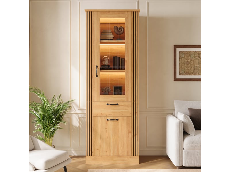  Vitrine 62 x 41 x 180 cm, porte miroir, éclairage led piloté par application, tiroir et étagères de rangement, poignées en aluminium, panneaux de particules, naturel  - Conforama E