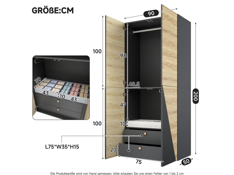  Armoire 2 portes 90x50x200 cm avec tiroirs, coloris bois et gris  - Conforama C