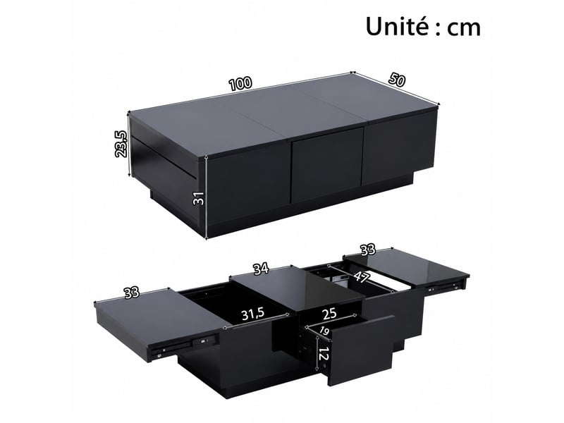  Table basse noire brillante avec 2 tiroirs et plateaux coulissants, 100 x 31 x 50 cm  - Conforama C