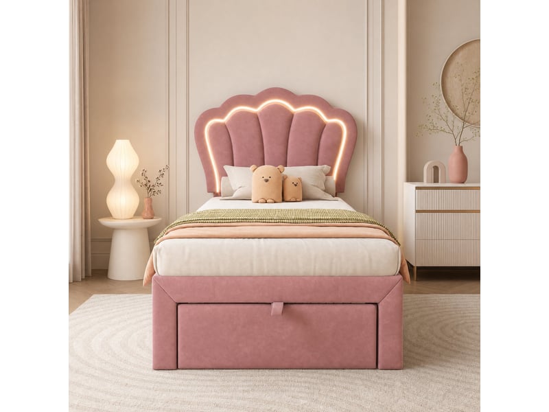 Lit enfant en velours rose, lit simple 90x200 cm avec tiroir, led et tête réglable, sans matelas - Conforama B