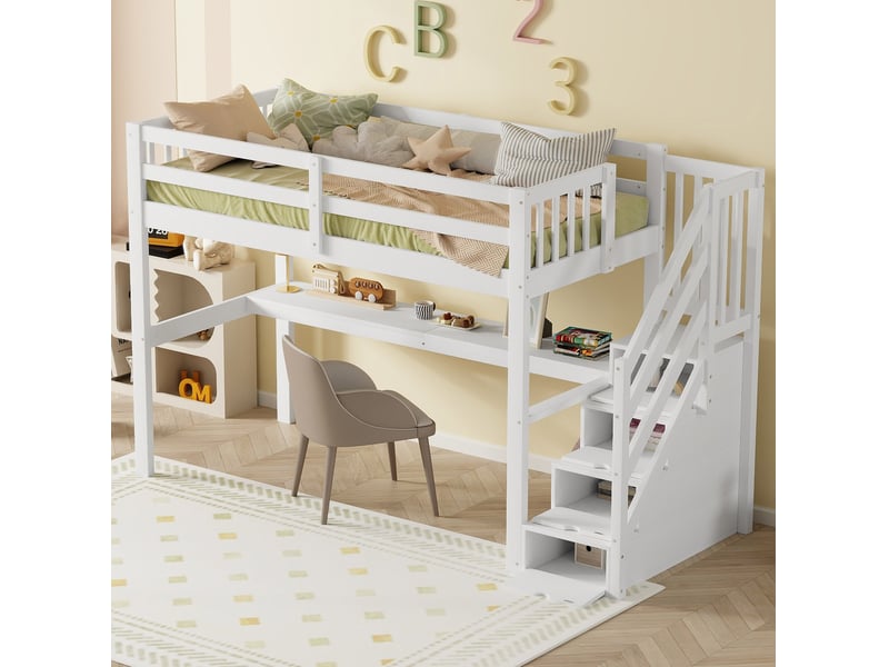  Modenvie lit mezzanine 90x200 cm - avec bureau et rangements intégrés, sans matelas - blanc  - Conforama E