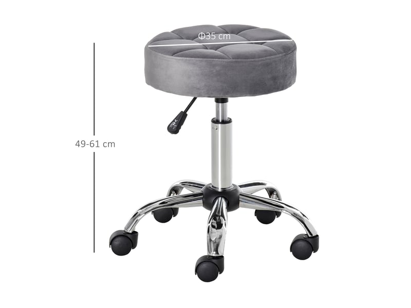 Tabouret de salon gris clair avec roulettes hauteur réglable 49-61 cm revêtement velours mousse base chromée dim 35 x 35 cm - Conforama C
