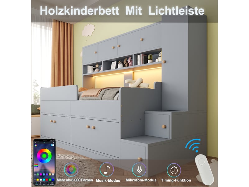  Lit coffre 90x200 cm - avec éclairage led - avec rangement - en bois - gris CARDUME ESTIVAL - Conforama D