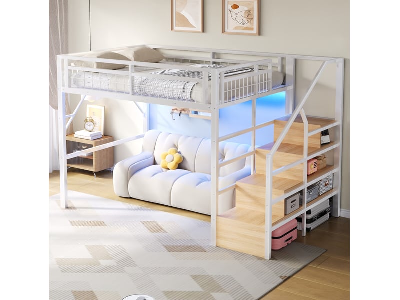  Lit mezzanine enfant 140x200 cm, led, marches avec rangement, cadre en métal, blanc, pour chambre enfant, sans matelas  - Conforama D
