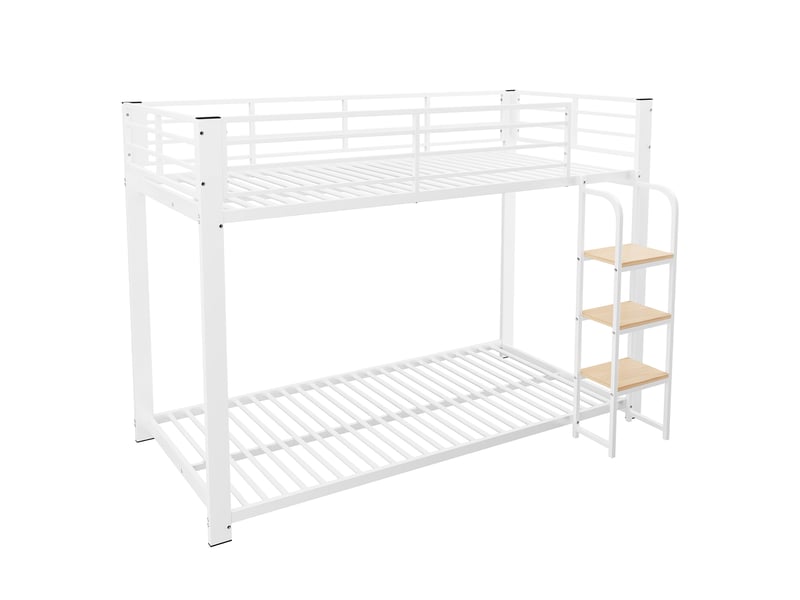 Lit superposé enfant 90 × 200 cm 2 places avec échelle et barrières, sans matelas, métal et mdf blanc noyer - Conforama A