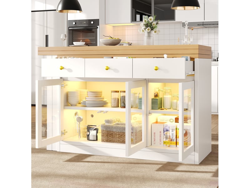  Îlot de cuisine extensible 120-200x40x75,5 cm, led, 3 tiroirs, 3 portes vitrées, desserte, mdf et métal, couleur blanc  - Conforama B