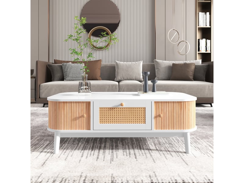 Table basse 110x55x38,5 cm avec tiroir aspect rotin et portes à lattes, pieds en bois massif, mdf, blanc et bois ABC - Conforama E