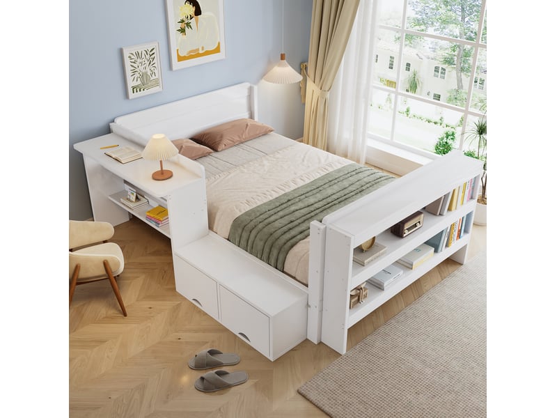  Lit simple 120 × 200 cm avec bureau latéral, rangement à porte relevable et étagère ouverte, blanc, chambre enfant  - Conforama E
