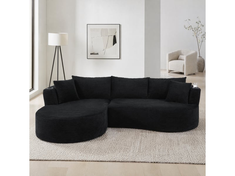 Canapé droit 3 places en arc avec porte-gobelets intégrés - coussins, velours côtelé - noir - Conforama B