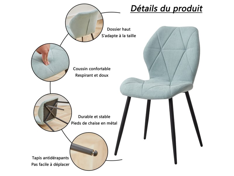  Lot de 4 chaises - chaise de salle à manger vintage en forme de diamant - chaise en lin - pieds en métal(menthe) Grand-house - Conforama B