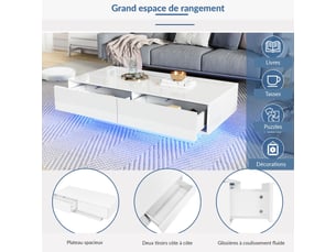 Table basse 115x55x34 cm avec led, 2 tiroirs, rangement, finition haute brillance, table de salon, blanc