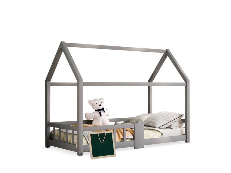Lit enfant cabane 90 x 200 cm avec sommier, barrières et tableau, gris - Conforama A
