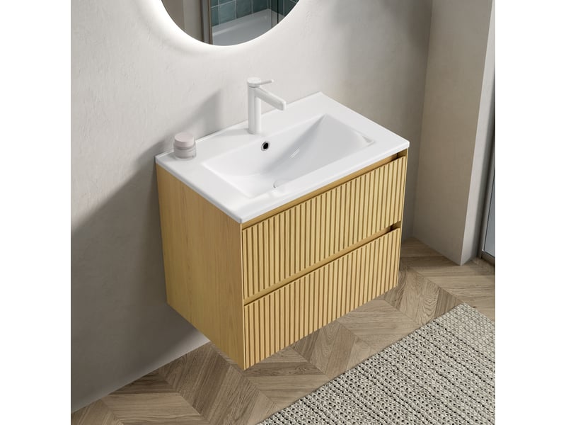 Meuble sous vasque suspendu avec 2 tiroirs et lavabo en céramique pour salle de bain, 61 cm, chêne doré et blanc  - Conforama B