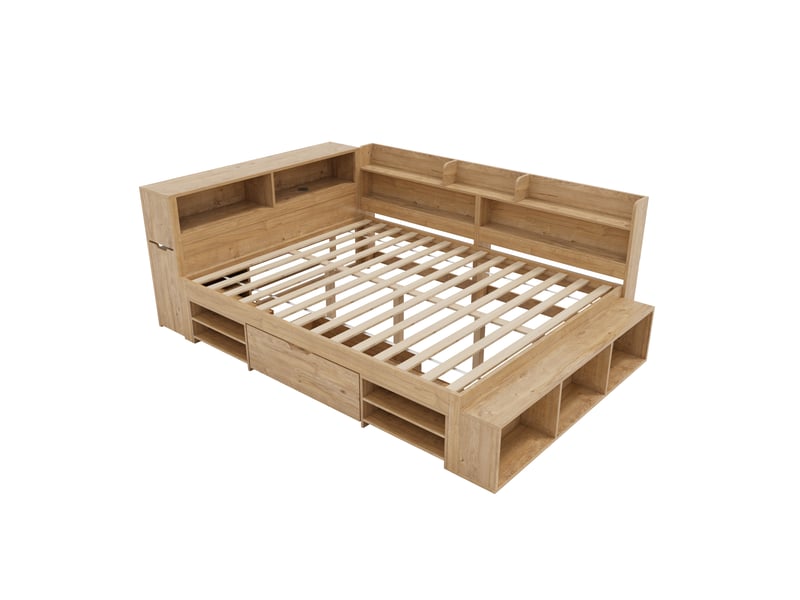  Lit enfant avec rangement, 140 x 200 cm, lit simple, lit enfant multifonctionnel avec table de chevet, tiroirs, étagères, armoire de rangement, chargeur sans fil, sans matelas, couleur naturelle  - Conforama D