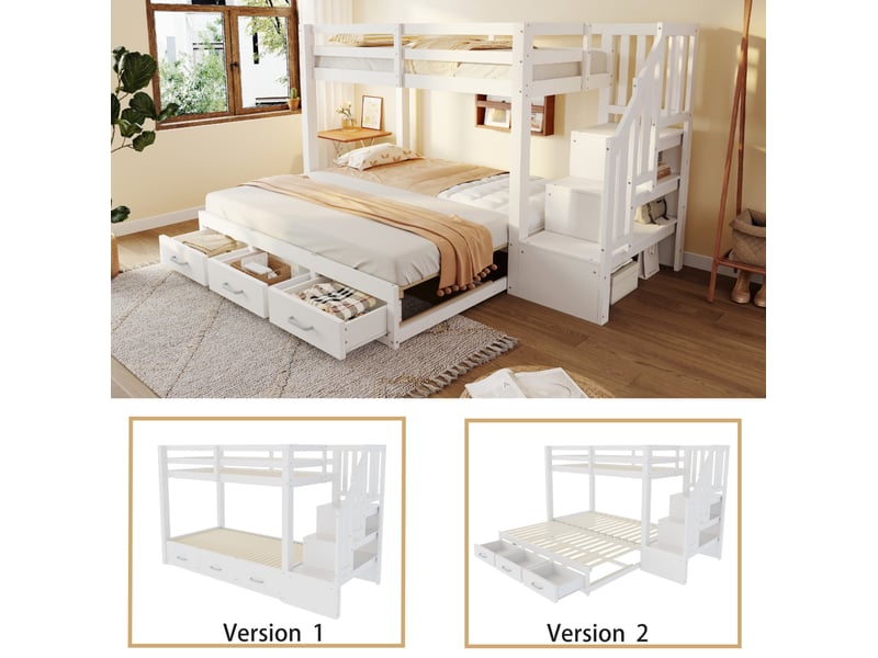  Lit superposé 90x200 cm avec lit gigogne 90180x190 cm, 3 tiroirs, échelle et rangements, pin et mdf blanc  - Conforama W
