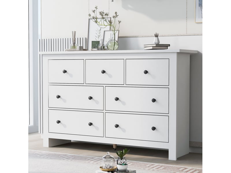  Commode 7 tiroirs 152x40x88,5 cm grande capacité, glissières soyeuses, style français, panneau de particules, blanc  - Conforama R