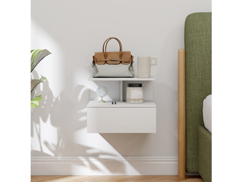 Table de chevet murale avec tiroir et niche ouverte, rangement suspendu style minimaliste pour chambre, bois blanc - Conforama D
