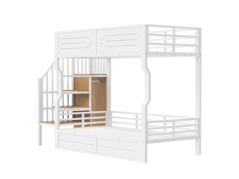 Lit mezzanine 90x200 cm avec led et escalier de rangement, garde-corps haut, métal et bois blanc, sans matelas - Conforama E