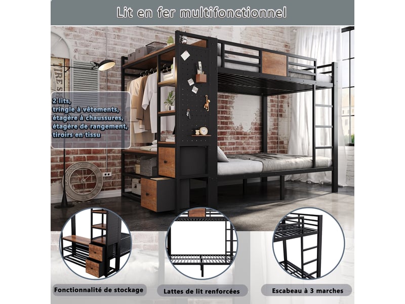  Lit superposé 120x200 cm à 2 couchages, penderie, étagères, panneau perforé et tiroirs en tissu, échelle, métal noir effet bois, dans la chambre  - Conforama E