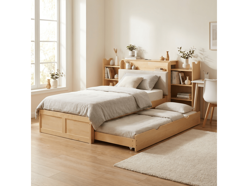  Lit gigogne 90x200 en bois et mdf, coloris bois naturel  - Conforama E