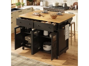 Îlot de cuisine multifonction noir avec plateau extensible, chariot de service à roulettes pour salle à manger et salon